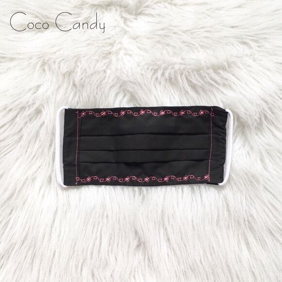 🆕Embroidered Pink Flower Black Fabric Reusable Face Mask - Picture 1 of 6